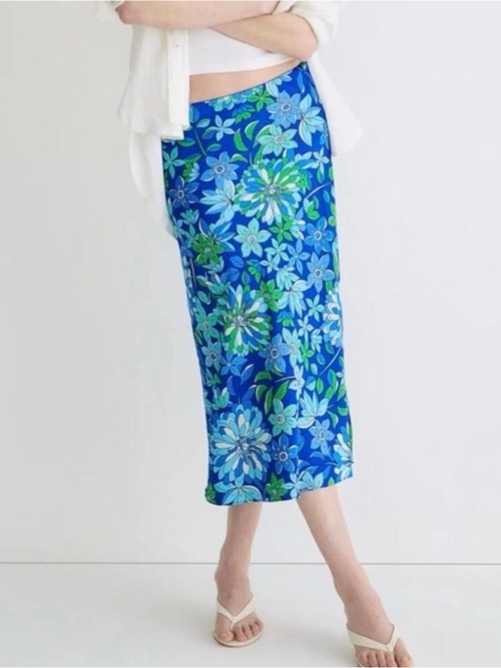 J.Crew Gwyneth Satin Midi Slip Skirt Women's Xs Cobalt Floral